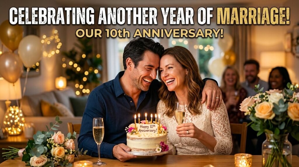 Husband and wife smiling together while celebrating their wedding anniversary
