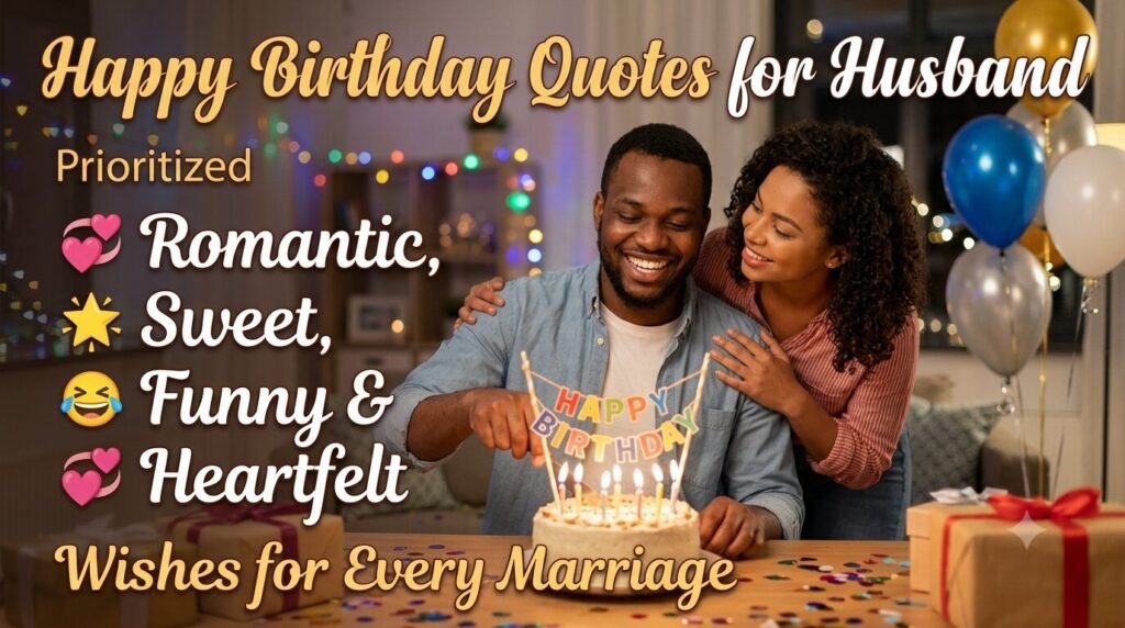 Happy birthday quotes for husband displayed over a birthday celebration scene