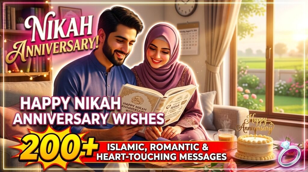 Elegant Islamic-style greeting card with floral border for a Nikah anniversary