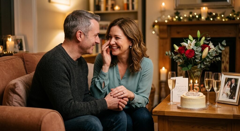 Husband and wife smiling together while celebrating their wedding anniversary Image