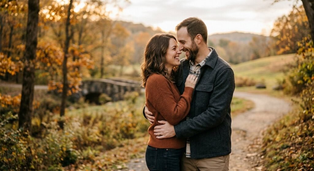 Married couple embracing outdoors and smiling at each other