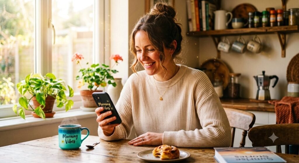 Wife texting a good morning message to her husband over morning coffee
