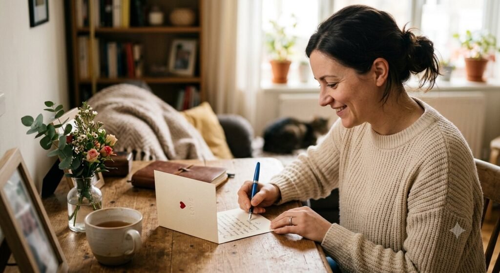 Woman writing a short love quote in a card for her husband